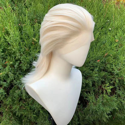 White Blonde Lace Front Wigs for Women 13×4 Glueless Wolf Tail Synthetic Hair Wig Heat Resistant Cosplay Wig for Men