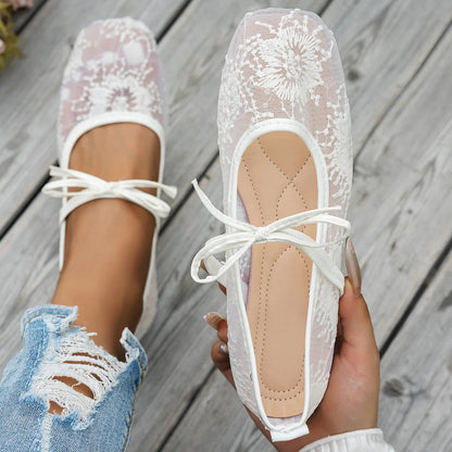 Plus Size 43 Women Fashion Ballet Flats Breathable Laces Square Toe Spring Summer Flat Shoes For Female Daily Walking Loafers