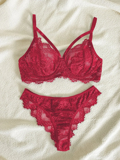 Women's Lingerie & Underwear， Eyelash Sxy Fancy Lace Strapping Underwire Bra &  Brazilian Panties ， Sexy Style