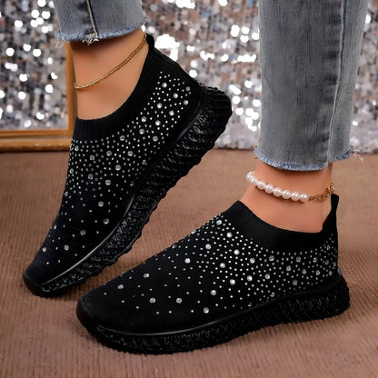 Shiny Crystal Black Women Sneakers Breathable Knitted Non Slip Casual Walking Shoes Woman Comfortable Soft Bottom Loafers Flats