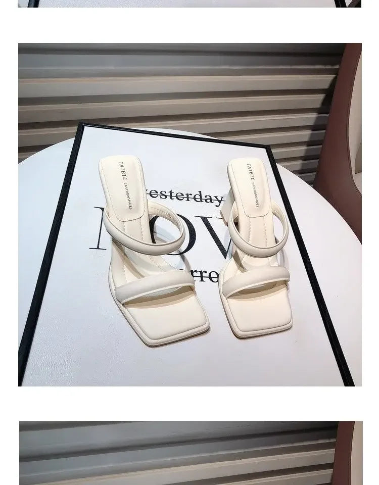 High-Heeled Shoes Lady Square heel'    Luxury Slides Block 2025 Summer Soft Designer Flat Rubber Fabr