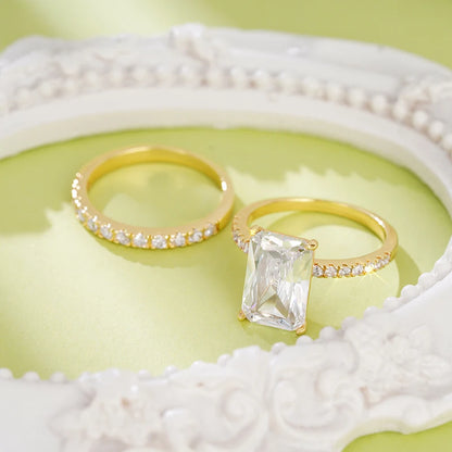 Huitan Rectangular Cubic Zirconia Set Rings for Women Bridal Wedding Accessories Luxury Trendy Engagement Band Jewelry Wholesale