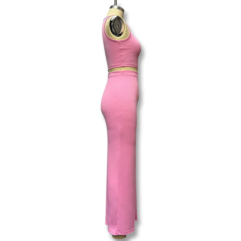 2026 Summer Casual Sleeveless Tank Top and Split Skirt Sexy Elegant Two-piece Set Slim Fit Fashion High Waist Solid Color Suit
