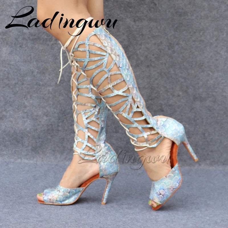 Ladingwu High-end Custom Material Fish Scale Texture Women Dance Shoes Sexy Pole Dance Boots Ladies Wedding Ballroom Shoes