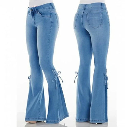 Flare Pants for Women Vintage Jeans Lace Up Stretch Mid Waist Skinny Distressed Washed 2025 Streetwear Female Denims Trousers