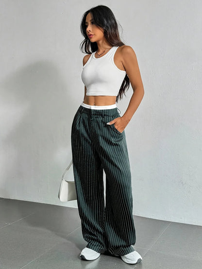 Fashion Pants Women's Stripe Straight Pants 2024 Autumn Winter High Waisted Casual Suit Pants Office Lady Women Trousers Bottoms