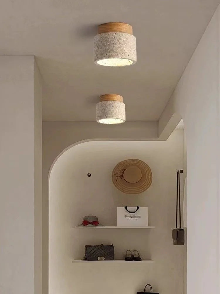 Yellow Travertine LED Ceiling Lamp Japanese Wooden Downlight round Wood Light for Living Room Corridor Porch Balcony