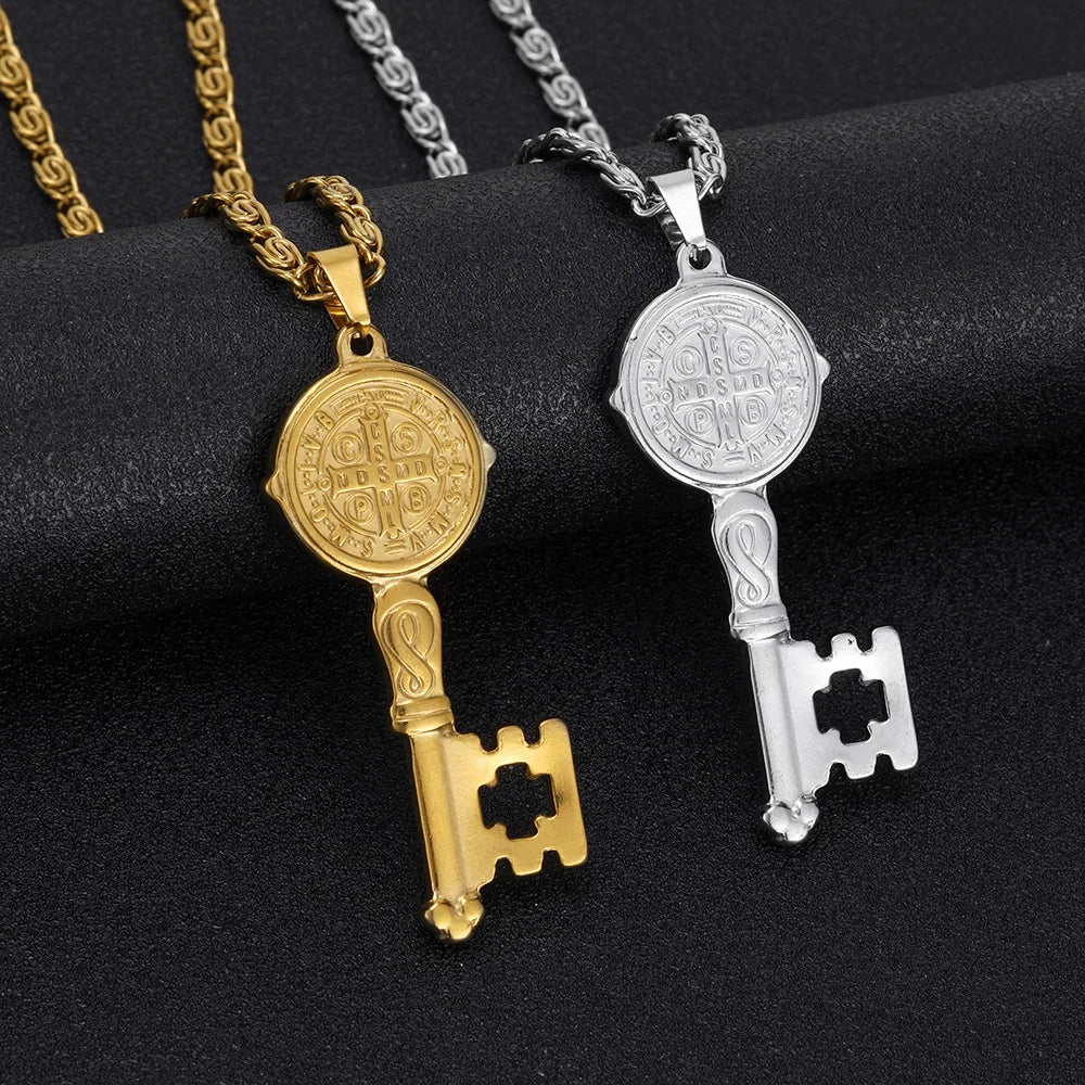 Catholicism Saint Benedict Key of Life Pendant Necklace for Women Men Stainless Steel Hip Hop San Benito Medal Necklaces Jewelry
