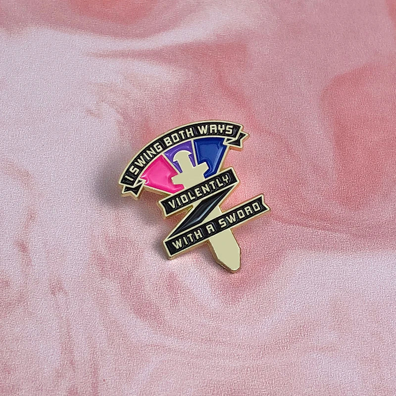 LGBT Rainbow Enamel Pins Bisexual Swing Both Ways Violently With A Sword Pride Brooches Lapel Badges Jewelry Gift for Friends