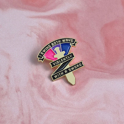 LGBT Rainbow Enamel Pins Bisexual Swing Both Ways Violently With A Sword Pride Brooches Lapel Badges Jewelry Gift for Friends