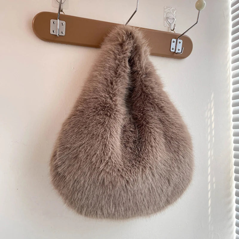 Winter Shoulder Bags Casual Furry for Women Solid Color Soft Plush Ladies Clutch Purse Handbags Lightweight Female Hobos Bag