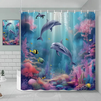 Nautical Green Sea Turtle Beach Theme Fabric Shower Curtain Set Bathroom Blue Ocean Decor with Grommets and Hooks
