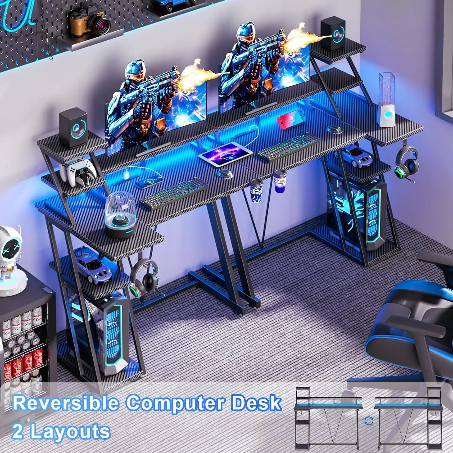 39 Inch Gaming Desk with LED Lights & Power Outlet, Small Gaming Computer Desk with Storage Shelves, L Shaped Gamer, Customized