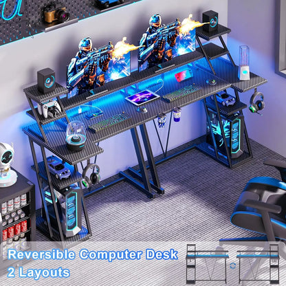 39 Inch Gaming Desk with LED Lights & Power Outlet, Small Gaming Computer Desk with Storage Shelves, L Shaped Gamer, Customized