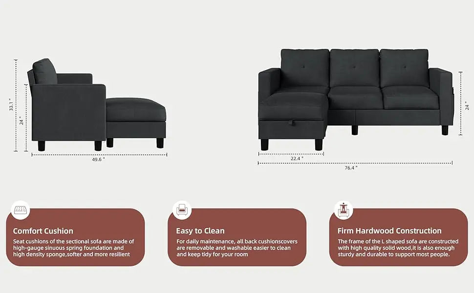 L-Shaped Couch 3 Seat Sofa Set with Linen Fabric and Ottoman Small Couch for Apartments, Black sofa set living room furniture