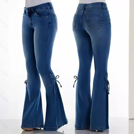 Flare Pants for Women Vintage Jeans Lace Up Stretch Mid Waist Skinny Distressed Washed 2025 Streetwear Female Denims Trousers