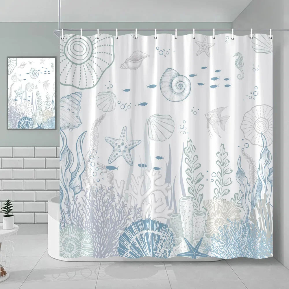 Nautical Green Sea Turtle Beach Theme Fabric Shower Curtain Set Bathroom Blue Ocean Decor with Grommets and Hooks