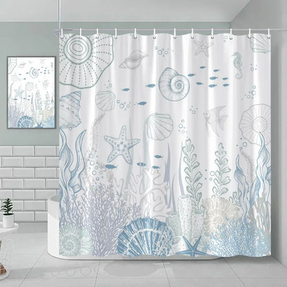 Nautical Green Sea Turtle Beach Theme Fabric Shower Curtain Set Bathroom Blue Ocean Decor with Grommets and Hooks