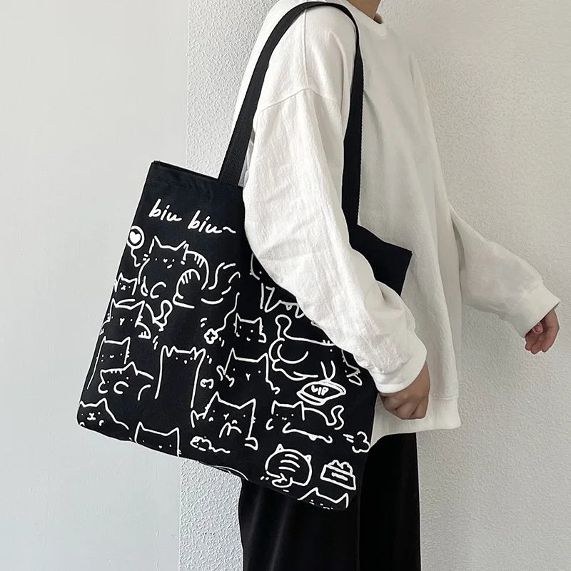 Canvas Bags Handbag for Women Shopper Cute Cat Tote Bag with Zipper Designer Bag Japanese Style Cartoon Small Shoulder Bags