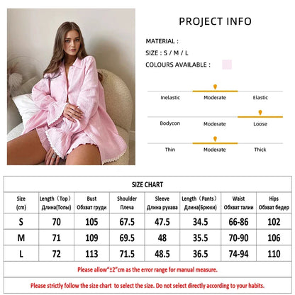 Casual Crape Cotton Pink Two Pieces Sets Women Lace Lantern Sleeve Shirts And Baggy Shorts Sleepwear Spring Summer