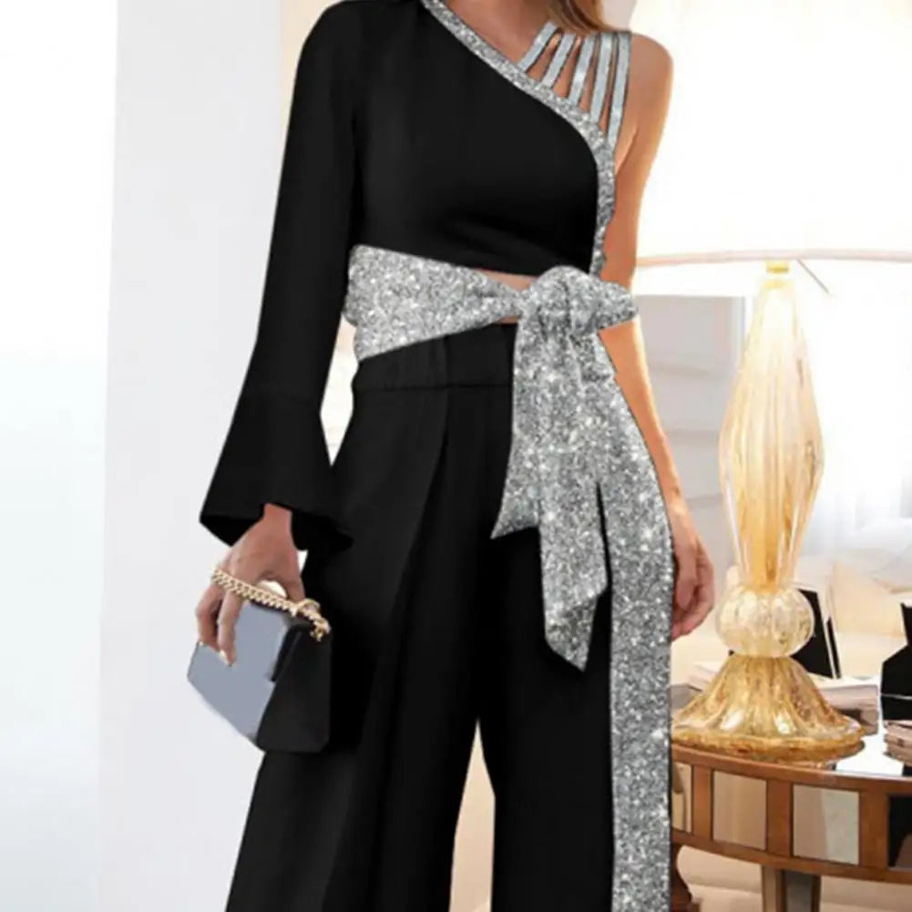 2026 Women Blouse Pants Set One Shoulder Blouse Bandage Bowknot High Waist Wide Leg Pants Set Glitter Trim Elegant Women Outfit