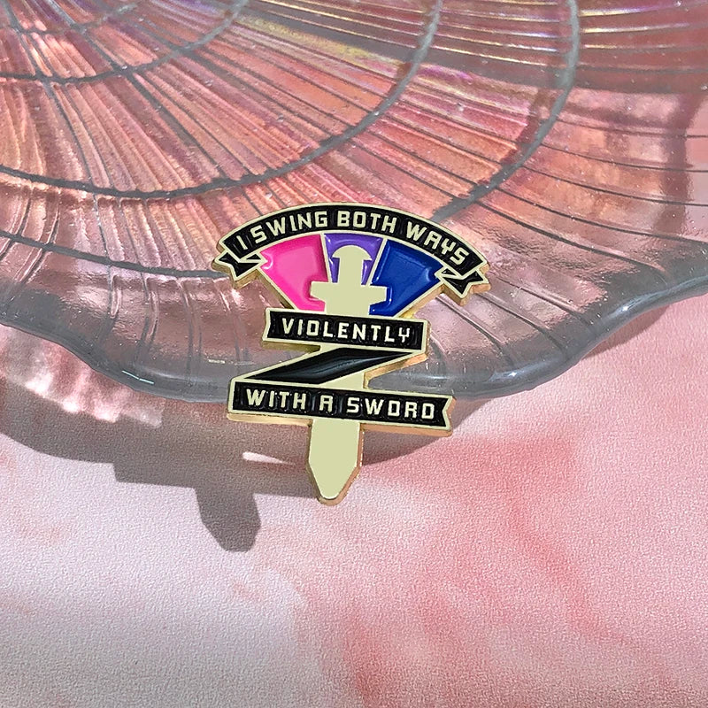LGBT Rainbow Enamel Pins Bisexual Swing Both Ways Violently With A Sword Pride Brooches Lapel Badges Jewelry Gift for Friends