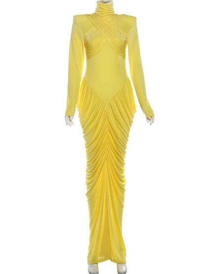 Weird Puss Autumn New Style Maxi Dress Women Turtleneck Full Sleeve Backless Skinny Stretch  Prom Party Ruched Elegant Vestidos