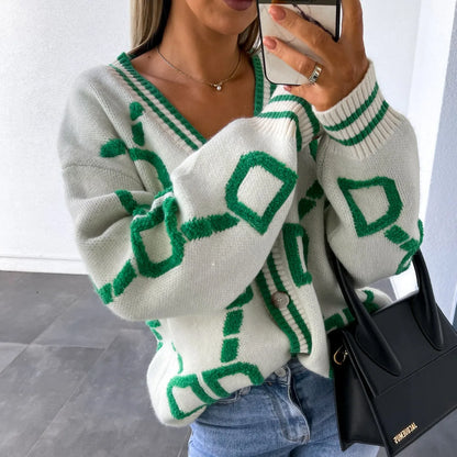 Autumn Winter Jacquard Knitted Coat Women Fashion V-neck Long Sleeve Single Breasted Knitting Cardigan Coats Female Streetwear