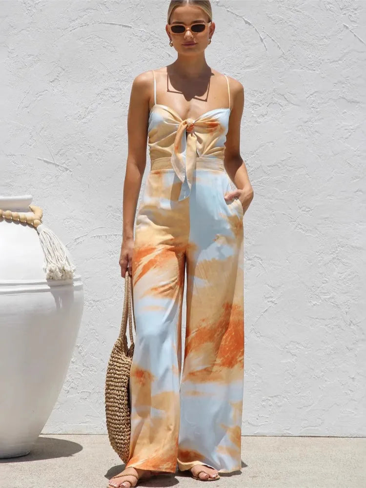 Summer New Print Spaghetti Strap jumpsuits Women Sexy Low Cut Bowknot Bowknot High Waist Wide Leg Jumpsuit Vacation Style Female