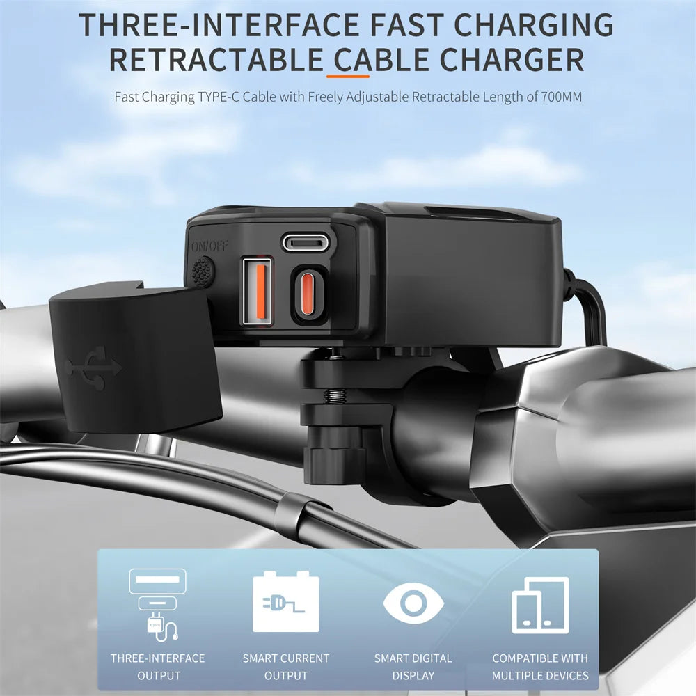 6.8A PD+QC3.0 Motorcycle Phone Charger Handlebar Dual USB Socket 60W Waterproof 12V Power Supply Adapter with Switch Voltmeter