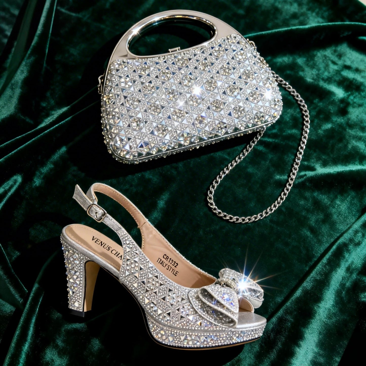 Venus Chan 2026 Women’s Italian Gold High Heels with Rhinestone Detail & Matching Bag Set - Stylish Pointed Toe Design