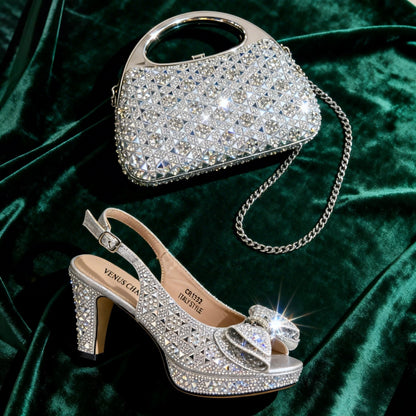 Venus Chan 2026 Women’s Italian Gold High Heels with Rhinestone Detail & Matching Bag Set - Stylish Pointed Toe Design