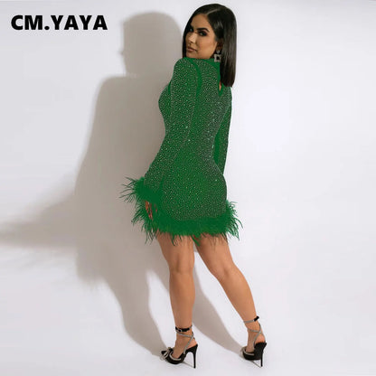 CM.YAYA Elegant Hot Rhinestones Diamonds Crystal Women Fur Hem Long Sleeve Bodycon Midi Dress Chic Party Club Even Prom Dresses