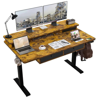 55 * 30 Inches Electric Standing Widened Desk Adjustable Height with 4 Drawers, Double Storage Shelves Stand Up, Customized