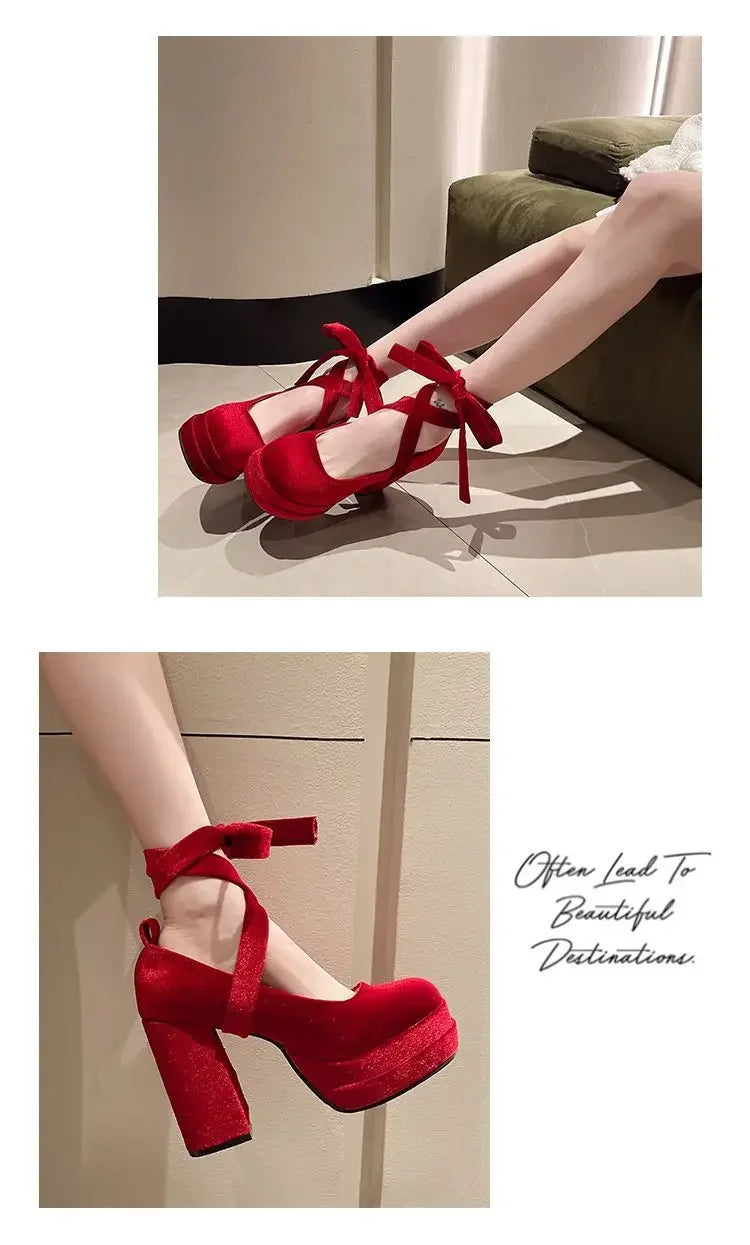 Platform Mary Janes Shoes Women Suede Luxury High Heel Lace Up Trend Lolita Shoes Elegant Chunky Party Pumps Zapatos De Mujer