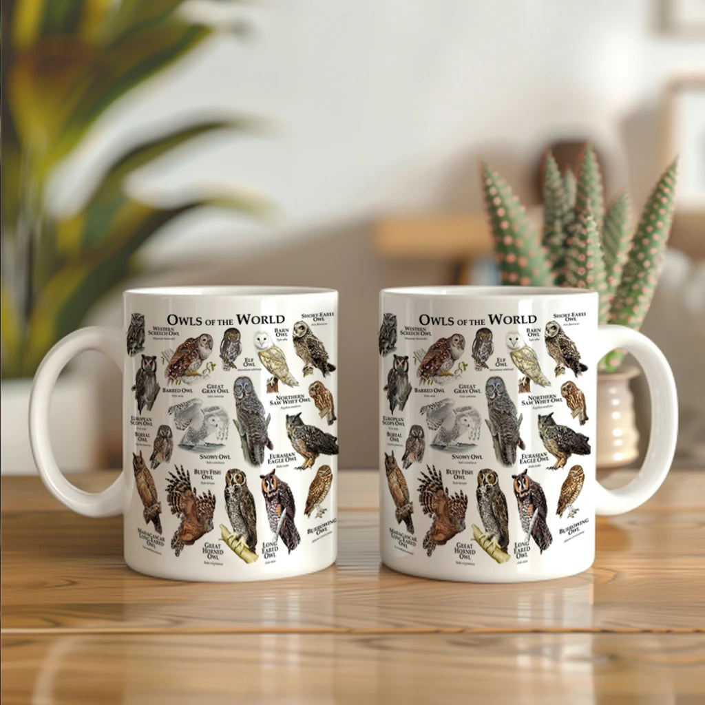 World Owl Illustrated Images coffee mug 11oz ceramic office tea cup Bird Lovers Gift Cup