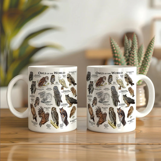 World Owl Illustrated Images coffee mug 11oz ceramic office tea cup Bird Lovers Gift Cup