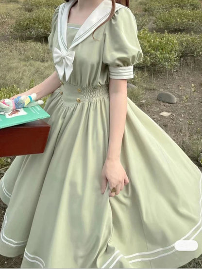 Japanese Soft Sister Cute Lolita Dress Women Sweet Puff Sleeve Slim Student Dresses Party Retro Girls Bow Salior Collar Vestidos