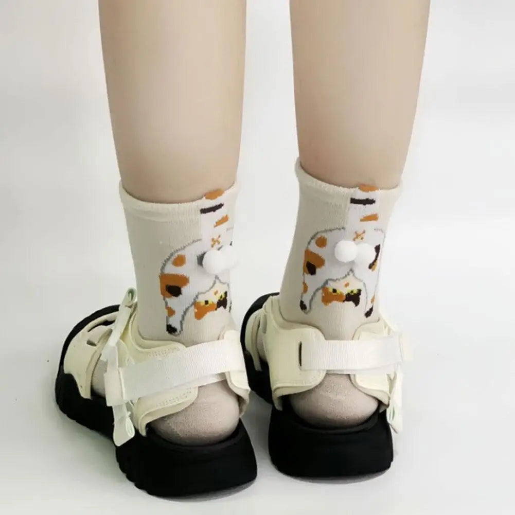 Cartoon Cat Egg Socks Soft Breathable Cute Mid Tube Cotton Socks 3D Cat Egg Balls Unique Design Trendy Funny