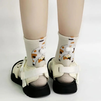 Cartoon Cat Egg Socks Soft Breathable Cute Mid Tube Cotton Socks 3D Cat Egg Balls Unique Design Trendy Funny