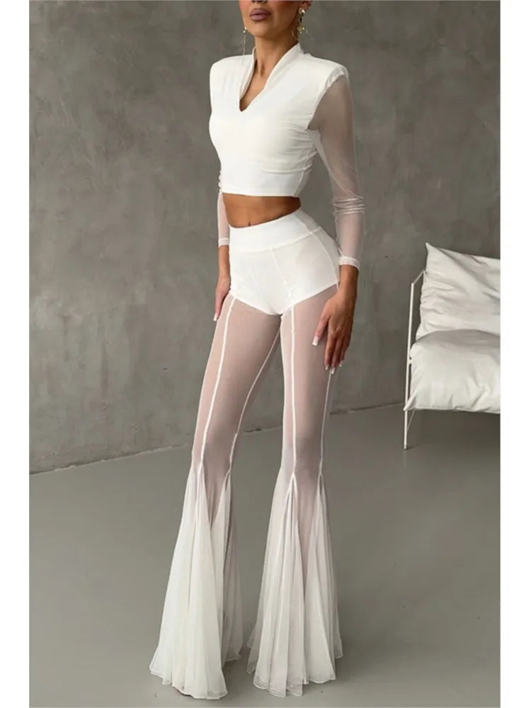 Sexy Sheer Flare Pants For Women Fashion Solid High Waist Long Pants Lady Casual Holiday Streetwear Women's Clothing New 2025