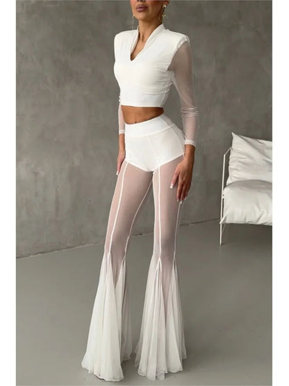 Sexy Sheer Flare Pants For Women Fashion Solid High Waist Long Pants Lady Casual Holiday Streetwear Women's Clothing New 2025