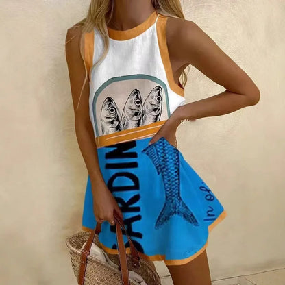 Women Sleeveless Dress Cute Sardines Fish Graphic Print Summer New Short Dress Beach Vacation Party Girl Skirts Dress