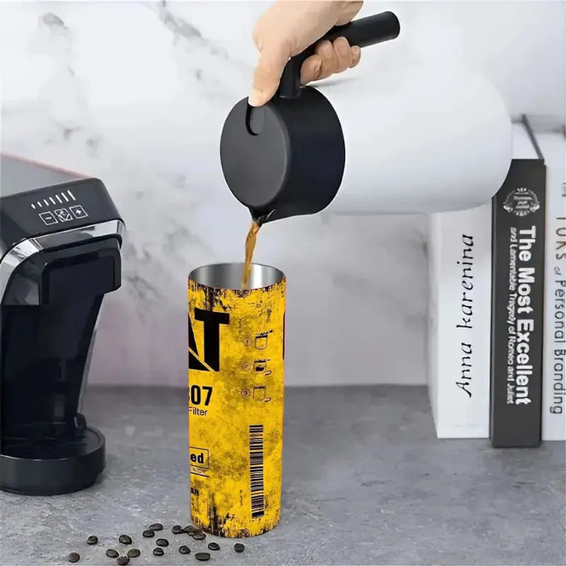 20Oz Stainless Steel Insulated Tumbler Engine Oil filter Yellow Double walled with Straw and Lid keep Cold Hot Drink Car Cup