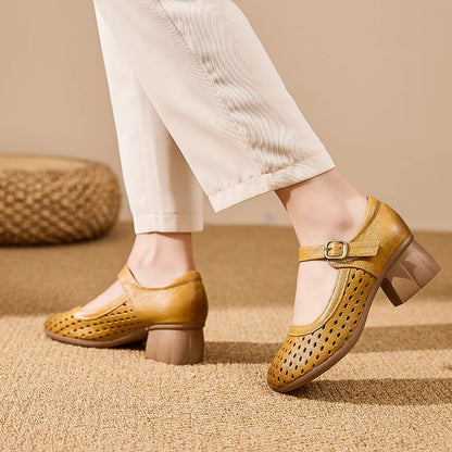 AIYUQI Women Hollow Mary Jane Shoes Genuine Leather Women Sandals Summer Comfortable Middle Aged Mother Shoes