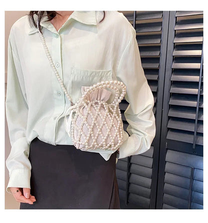 Women Pearl Bag Small Mini Tote Bucket Bag Woven Crossbody Hand Bags for Women Coin Purse Wallet Handbag Ladies Shoulder Bags
