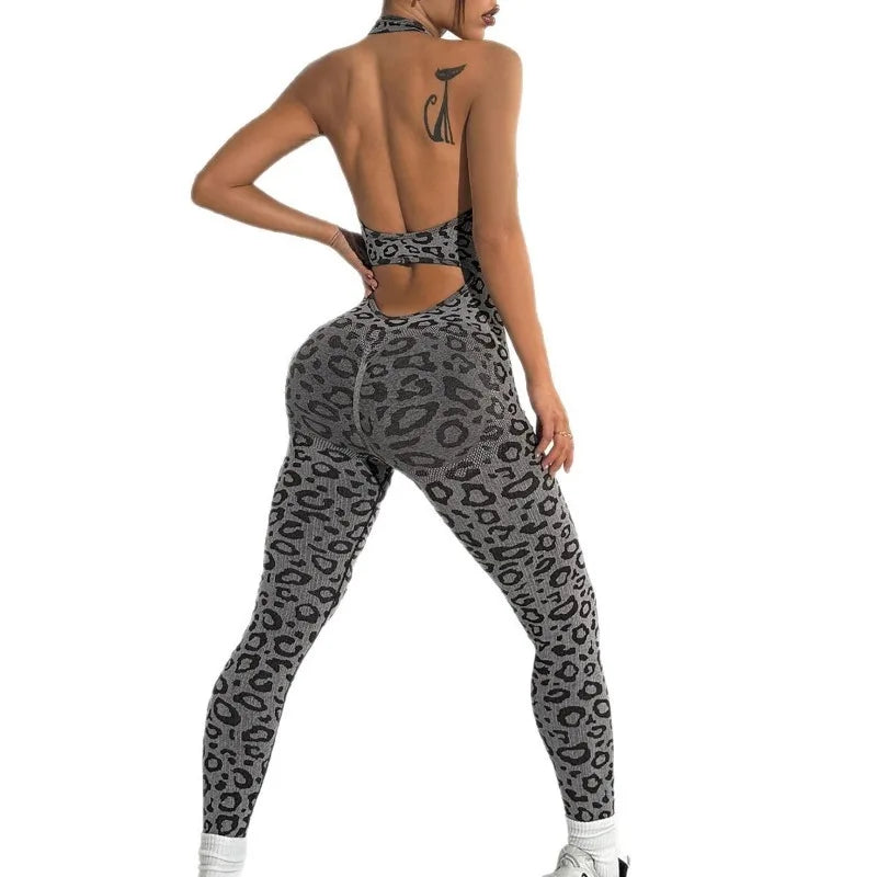 Seamless Leopard Print Jumpsuit Women's Tight Fitting Hanging Neck Jumpsuit Hip Lifting and Sexy Shaping Fitness Yoga Outfit