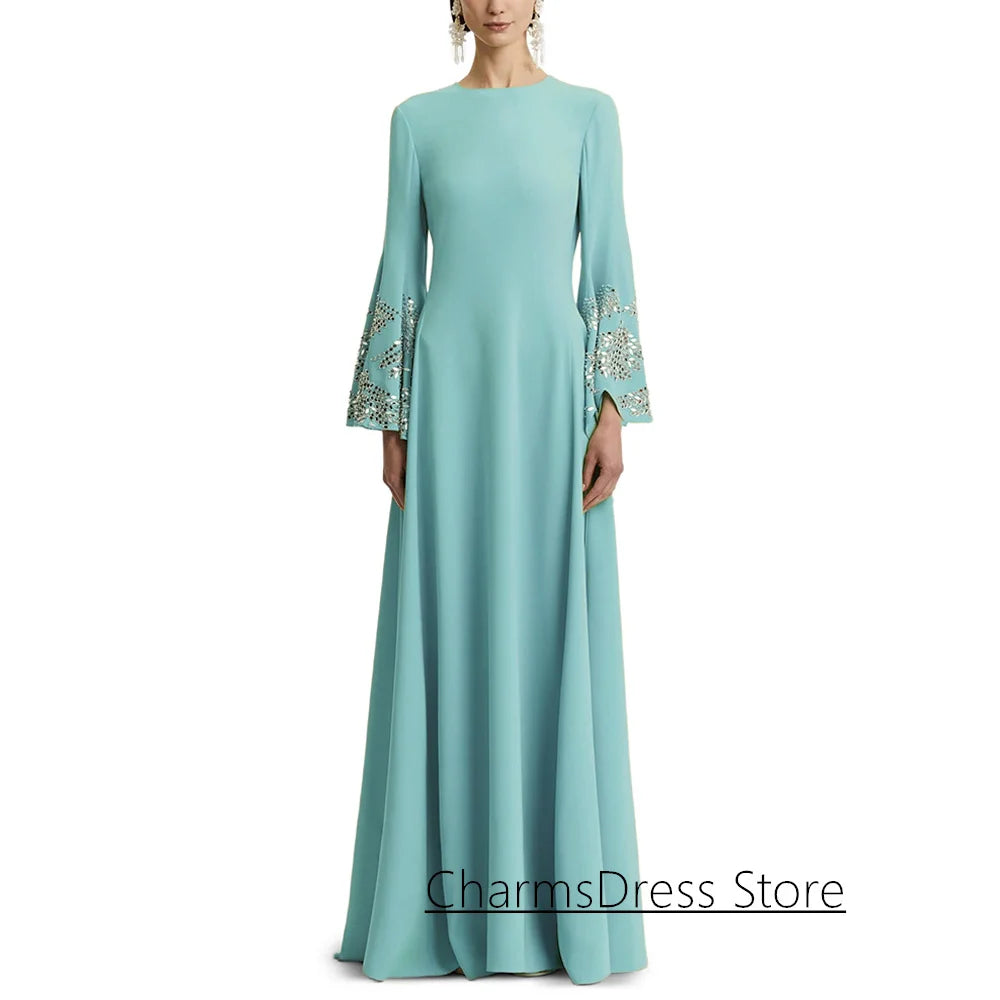 2026 Evening Dress فساتين سهرة Customized Batwing Sleeves Round Neck Crystal Stones A Line Saudi Arabian Prom Gown