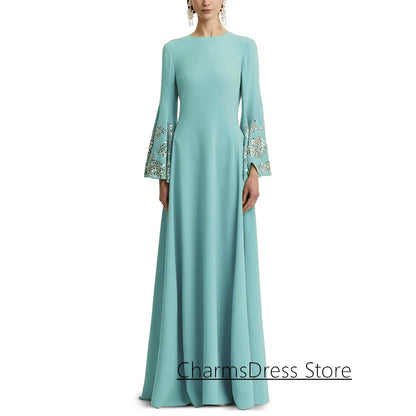 2026 Evening Dress فساتين سهرة Customized Batwing Sleeves Round Neck Crystal Stones A Line Saudi Arabian Prom Gown