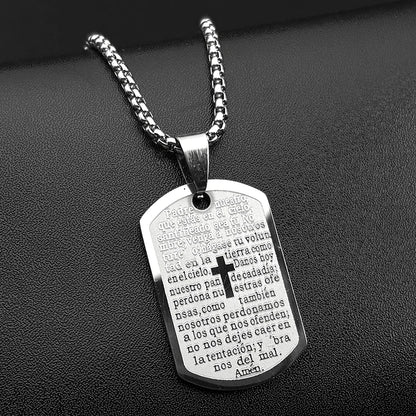 Christian The Lord's Prayer Cross Bible Spainsh Verse Dog Tag Necklace for Women Men Stainless Steel Jesus Chain Jewelry Gift